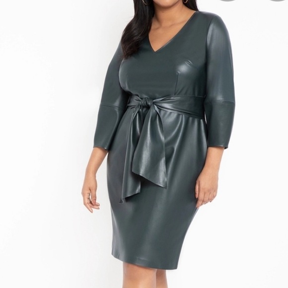 ELOQUII Plus Size 22 Green Faux Leather Dress V-Neck Waist Tie Party Holiday - Picture 1 of 14